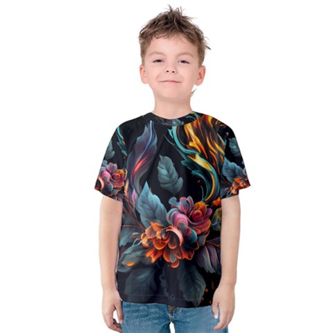 Flowers Flame Abstract Floral Kids  Cotton Tee by Jancukart