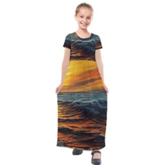 Ocean Sunset Sea Ocean Sunset Kids  Short Sleeve Maxi Dress by Ravend
