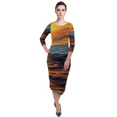 Ocean Sunset Sea Ocean Sunset Quarter Sleeve Midi Velour Bodycon Dress by Ravend