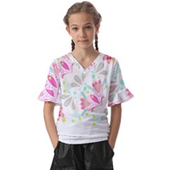 Batik T- Shirt Batik Floral Pattern T- Shirt Kids  V-neck Horn Sleeve Blouse