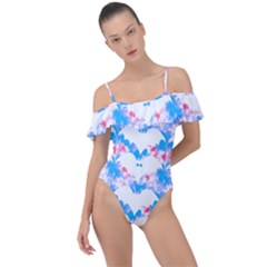 Bats Pattern T- Shirt White Bats And Bows Blue Pink T- Shirt Frill Detail One Piece Swimsuit by maxcute