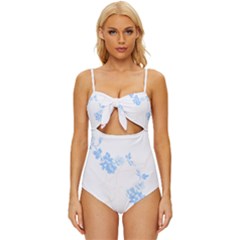 Blue Flowers T- Shirtblue And Pink Flowers Floral Art T- Shirt Knot Front One-piece Swimsuit