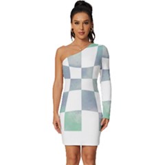 Checkerboard T- Shirt Psychedelic Watercolor Check Aqua T- Shirt Long Sleeve One Shoulder Mini Dress by maxcute