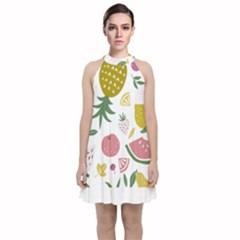 Fruits T- Shirt Funny Summer Fruits Collage Fruit Bright Colors T- Shirt Velvet Halter Neckline Dress  by maxcute