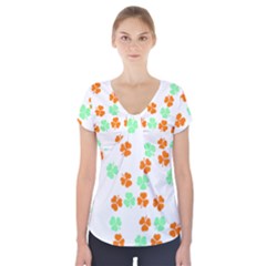 Irish T- Shirt Shamrock Pattern In Green White Orange T- Shirt Short Sleeve Front Detail Top by maxcute