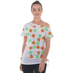 Irish T- Shirt Shamrock Pattern In Green White Orange T- Shirt Off Shoulder Tie-up Tee