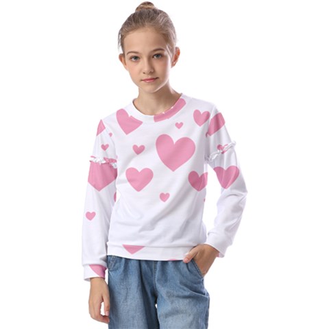 Pink Hearts Pattern T- Shirt Pink And Purple Heart Pattern T- Shirt Kids  Long Sleeve Tee With Frill  by maxcute