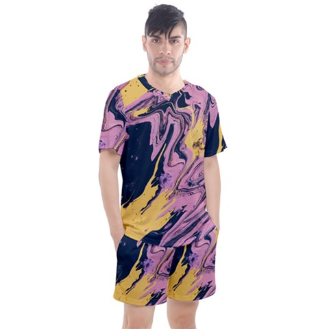 Pink Black And Yellow Abstract Painting Men s Mesh Tee And Shorts Set by Jancukart