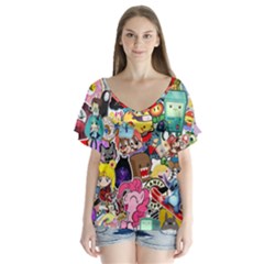 Assorted Cartoon Characters Doodle  Style Heroes V-neck Flutter Sleeve Top by Jancukart