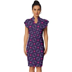 Geometric Pattern Retro Style Vintage Frill Sleeve V-neck Bodycon Dress by Ravend