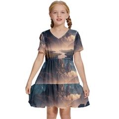 Space Planet Universe Galaxy Moon Kids  Short Sleeve Tiered Mini Dress by Ravend