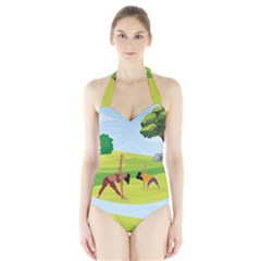 Mother And Daughter Yoga Art Celebrating Motherhood And Bond Between Mom And Daughter  Halter Swimsuit by SymmekaDesign