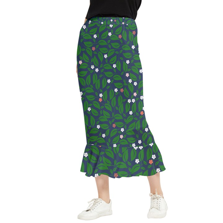 Leaves Flowers Green Background Nature Maxi Fishtail Chiffon Skirt