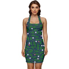 Leaves Flowers Green Background Nature Sleeveless Wide Square Neckline Ruched Bodycon Dress by Ravend