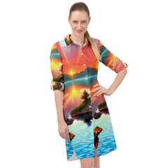 Sunset Over A Lake Long Sleeve Mini Shirt Dress by GardenOfOphir