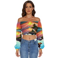 Sunset Over A Lake Long Sleeve Crinkled Weave Crop Top by GardenOfOphir