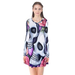 Floral Skeletons Long Sleeve V-neck Flare Dress by GardenOfOphir