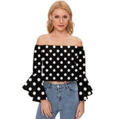 Black And White Polka Dots Off Shoulder Flutter Bell Sleeve Top by GardenOfOphir