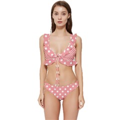 Coral And White Polka Dots Low Cut Ruffle Edge Bikini Set by GardenOfOphir