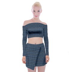 Blue Diamonds Motif Fancy Pattern Design Off Shoulder Top With Mini Skirt Set by dflcprintsclothing
