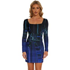 Screen Glitch Broken  Crack  Fracture  Glass Pattern Long Sleeve Square Neck Bodycon Velour Dress