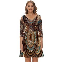 Bohemian Flair In Blue And Earthtones Shoulder Cut Out Zip Up Dress