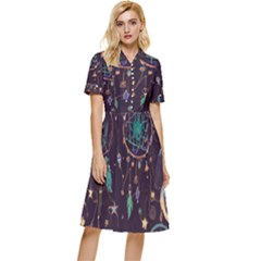 Bohemian  Stars, Moons, And Dreamcatchers Button Top Knee Length Dress by HWDesign