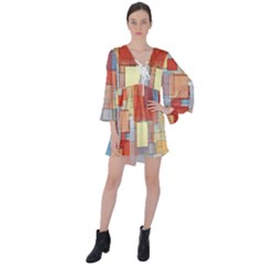 Art Abstract Rectangle Square V-neck Flare Sleeve Mini Dress