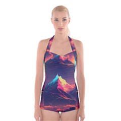 Mountain Sky Color Colorful Night Boyleg Halter Swimsuit  by Ravend