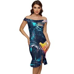 Who Sample Robot Prettyblood Off Shoulder Ruffle Split Hem Bodycon Dress by Ravend