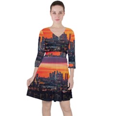 Downtown Skyline Sunset Buildings Quarter Sleeve Ruffle Waist Dress