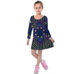 Line Square Pattern Violet Blue Yellow Design Kids  Long Sleeve Velvet Dress