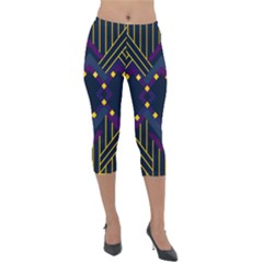 Line Square Pattern Violet Blue Yellow Design Lightweight Velour Capri Leggings 