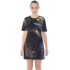 Ai Generated Cat Moon Feline Cute Sixties Short Sleeve Mini Dress by Ravend