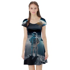 Ai Generated Space Astronaut Universe Moon Earth Short Sleeve Skater Dress