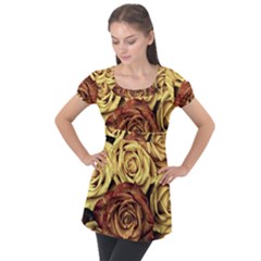 Flowers Roses Plant Bloom Blossom Puff Sleeve Tunic Top