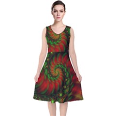 Fractal Green Red Spiral Happiness Vortex Spin V-neck Midi Sleeveless Dress 