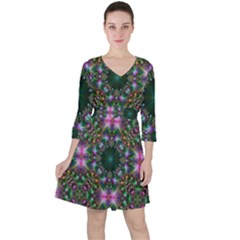 Kaleidoscope Digital Kaleidoscope Fractal Mirrored Quarter Sleeve Ruffle Waist Dress