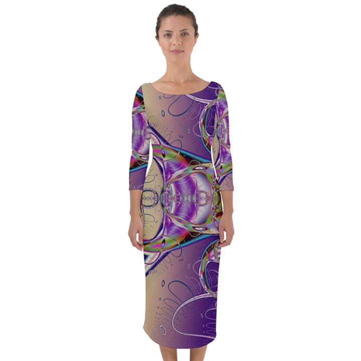 Fractal Abstract Digital Art Art Colorful Quarter Sleeve Midi Bodycon Dress