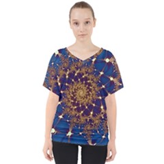 Fractal Spiral Art Pattern Blue Design V-neck Dolman Drape Top