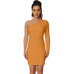 Cadmium Orange - Long Sleeve One Shoulder Mini Dress by ColorfulDresses