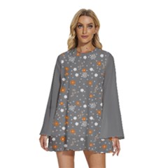 Pattern Seamless Floral Leaf Round Neck Long Sleeve Bohemian Style Chiffon Mini Dress by flowerland