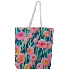 Blush Watercolor Flowers Full Print Rope Handle Tote (large) by GardenOfOphir