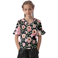 Captivating Watercolor Flowers Kids  V-neck Horn Sleeve Blouse by GardenOfOphir