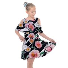 Exotic Watercolor Botanical Flowers Pattern Kids  Shoulder Cutout Chiffon Dress by GardenOfOphir