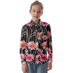 Botanical Black Pink Flowers Pattern Kids  Long Sleeve Shirt by GardenOfOphir