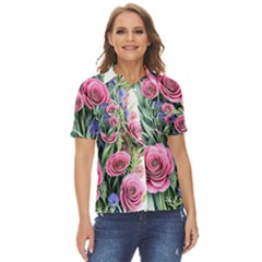 Attention-getting Watercolor Flowers Women s Short Sleeve Double Pocket Shirt