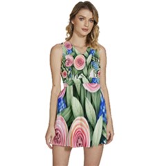 County Charm – Watercolor Flowers Botanical Sleeveless High Waist Mini Dress by GardenOfOphir