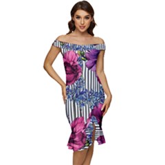 Dazzling Watercolor Flowers Off Shoulder Ruffle Split Hem Bodycon Dress by GardenOfOphir