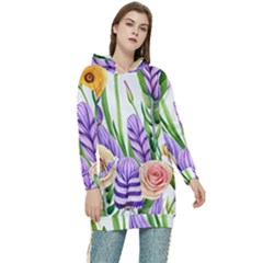 Classy Watercolor Flowers Women s Long Oversized Pullover Hoodie by GardenOfOphir